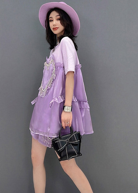 Ltalian Purple O-neck Ruffled Top and Shorts Two Pieces Set Summer