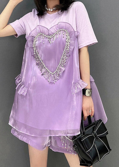 Ltalian Purple O-neck Ruffled Top and Shorts Two Pieces Set Summer