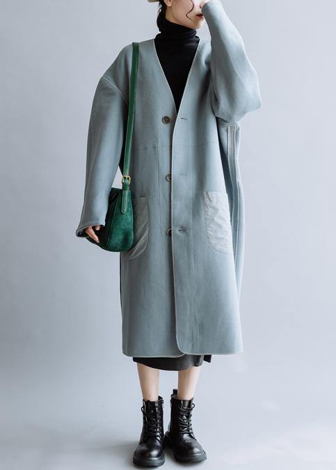Oversize Coats Winter Coats Blue V Neck Button Down Woolen Coat
