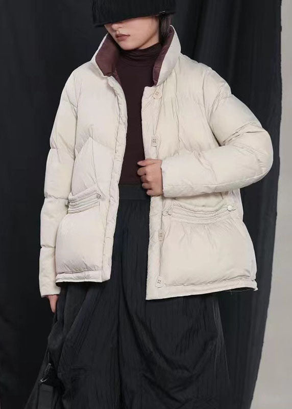 Beige Pockets Button Cinched Winter Duck Down Coat