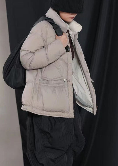 Beige Pockets Button Cinched Winter Duck Down Coat