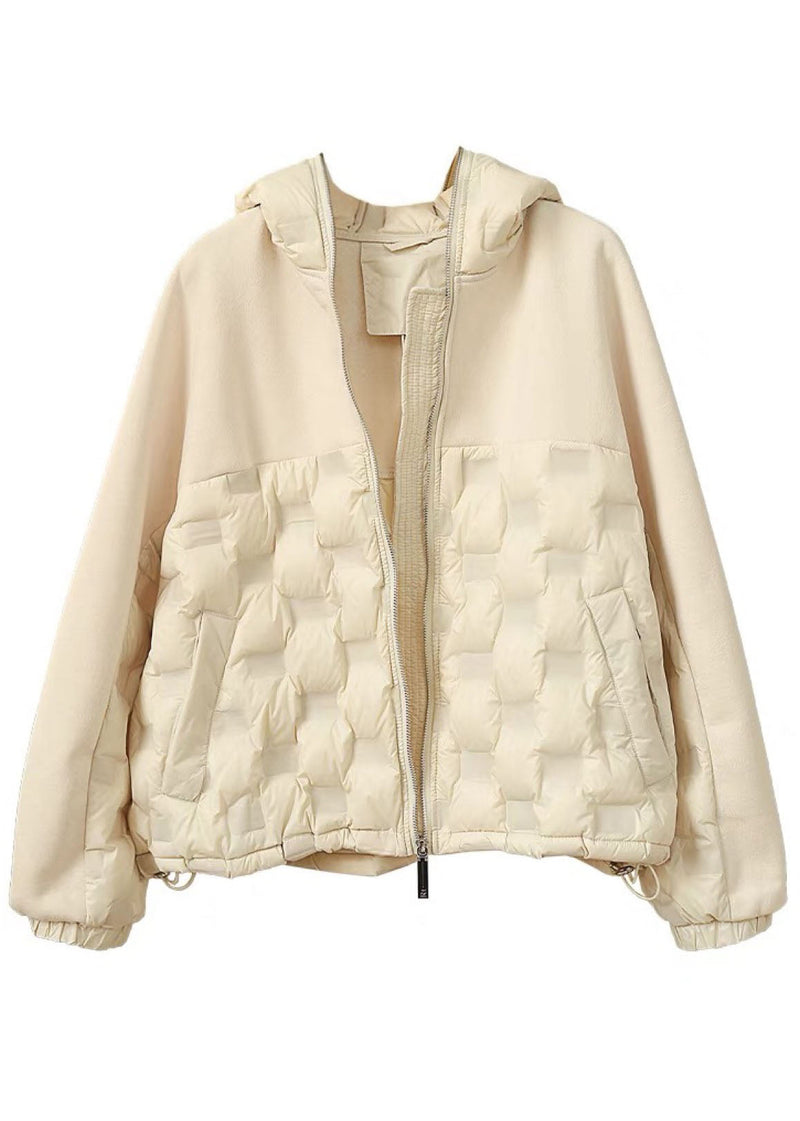 Beige Hooded Patchwork Pockets Winter Duck Down Jackets