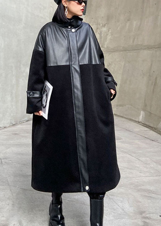 Black Woolen Patchwork Pu Zippered Winter Cotton Coats