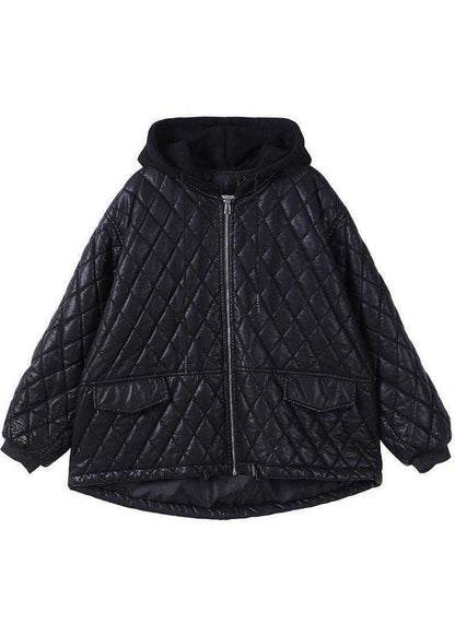Black Hooded Zippered Patchwork Winter Winter Coats Long Sleeve