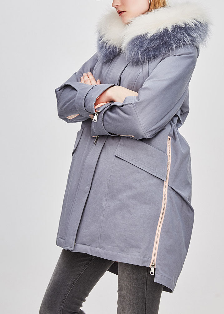 Blue Grey Hooded Fur Collar Drawstring Winter Duck Down Winter Coats