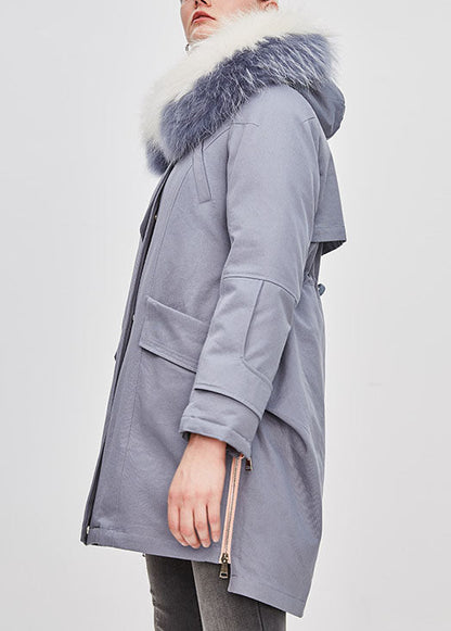 Blue Grey Hooded Fur Collar Drawstring Winter Duck Down Winter Coats