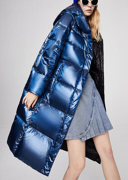 Blue Zippered Pockets Loose Winter Duck Down Coat