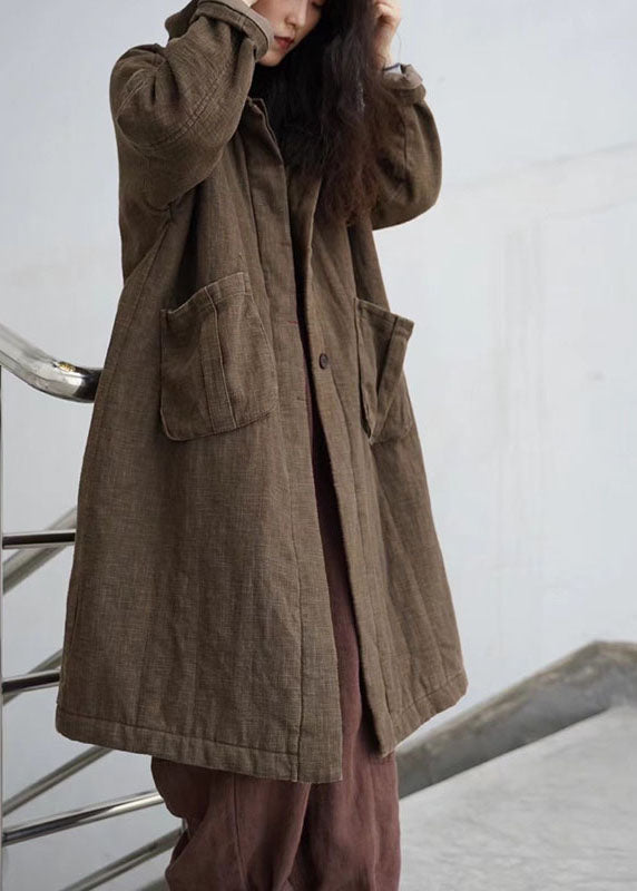 Chocolate Hooded Pockets Button Winter Cotton Parka
