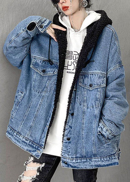 Denim Blue Pockets Patchwork Thick Winter Jacket