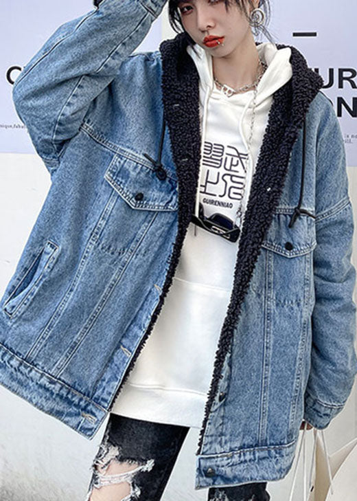 Denim Blue Pockets Patchwork Thick Winter Jacket