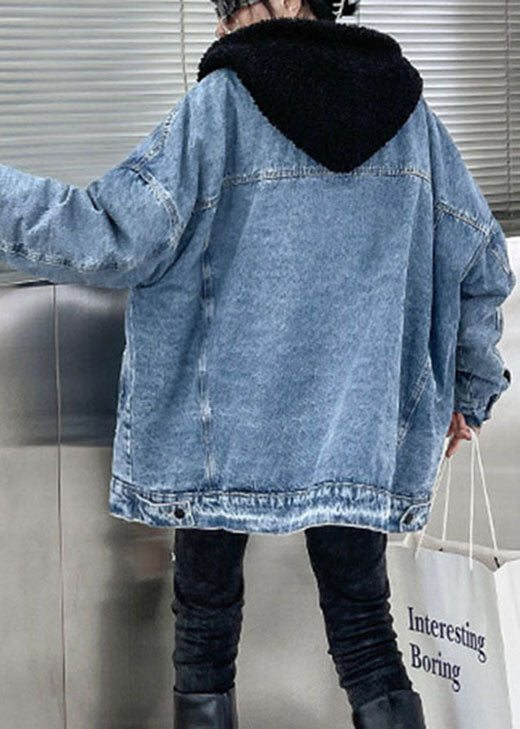 Denim Blue Pockets Patchwork Thick Winter Jacket