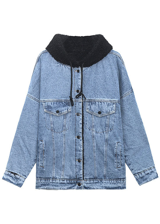 Denim Blue Pockets Patchwork Thick Winter Jacket