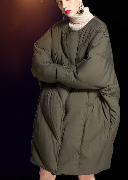 Green O-neck Zippered Loose Winter Duck Down Coats