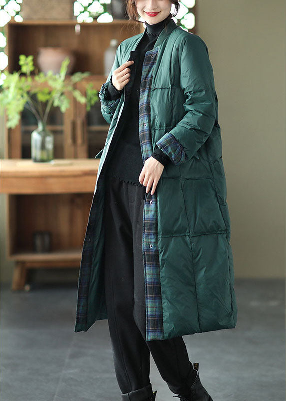Green Stand Collar Button Pockets Patchwork Winter Down Coat
