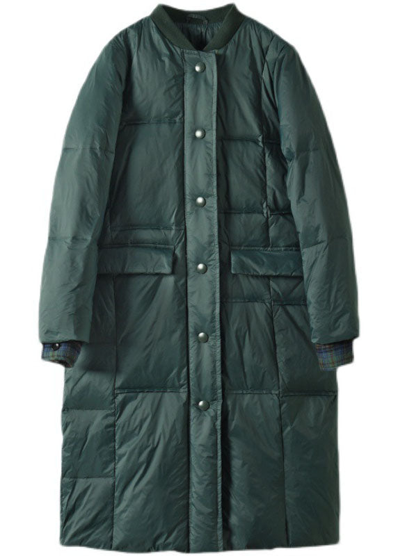 Green Stand Collar Button Pockets Patchwork Winter Down Coat