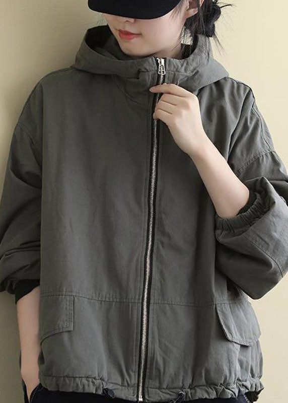 Grey Hooded Loose Drawstring Winter Cotton Coats Long Sleeve