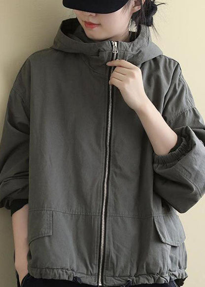 Grey Hooded Loose Drawstring Winter Cotton Coats Long Sleeve