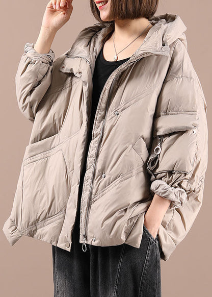 Khaki Loose Zippered Winter Duck Down Long Sleeve Down Coat