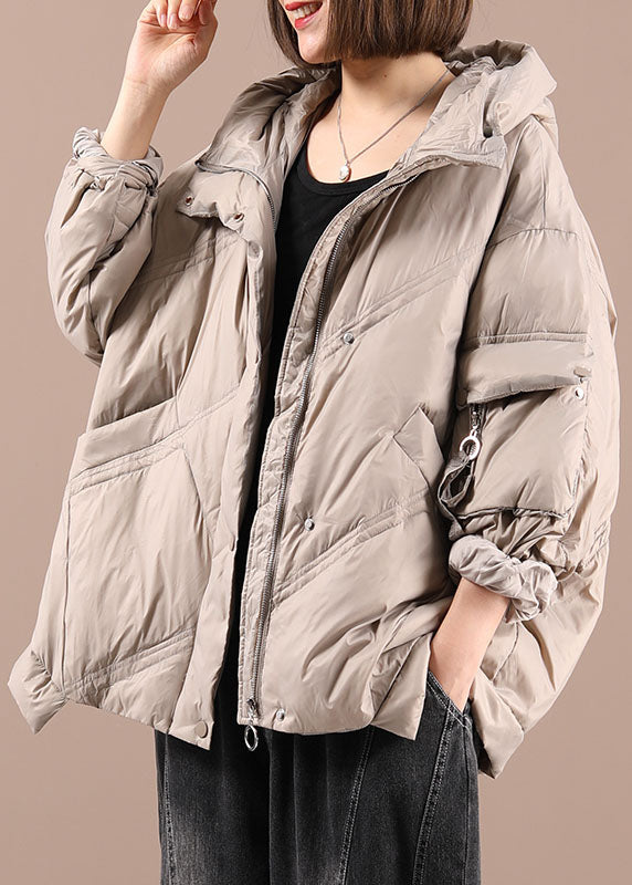 Khaki Loose Zippered Winter Duck Down Long Sleeve Down Coat