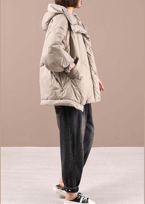 Khaki Loose Zippered Winter Duck Down Long Sleeve Down Coat