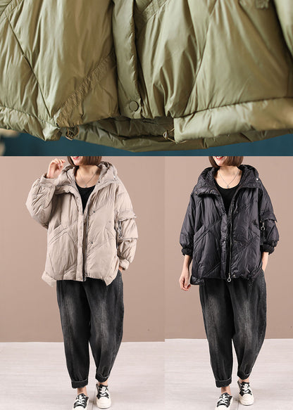Khaki Loose Zippered Winter Duck Down Long Sleeve Down Coat