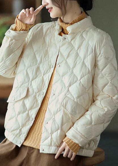 Light Green Stand Collar Pockets Button Winter Down Coat