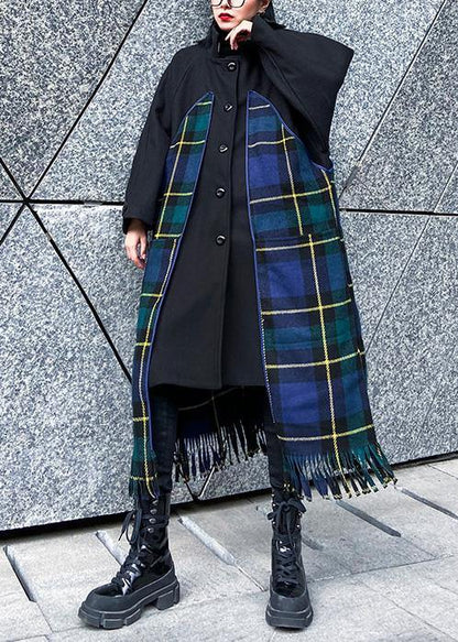 Loose Fitting Jackets & Coats Patchwork Coat Blue Plaid Tassel Woolen Outwear