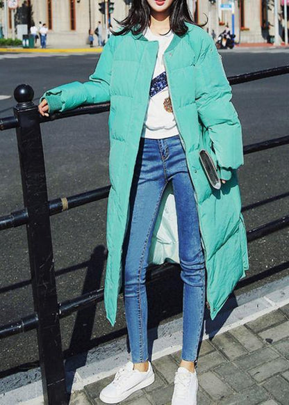 Loose Fitting Snow Jackets Winter Outwear Green O Neck Pockets Duck Down Coat