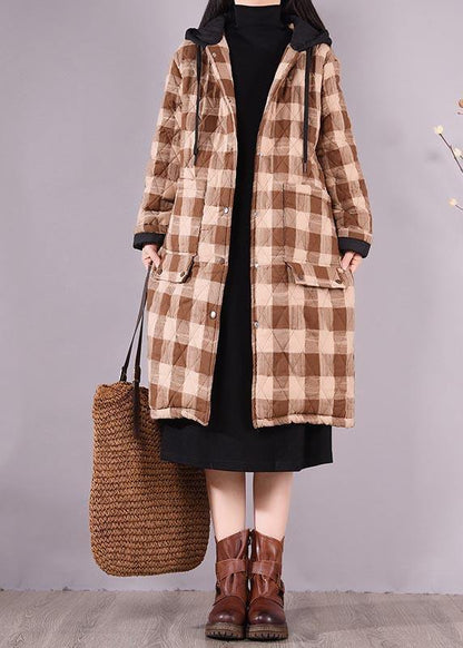 Oversize Outwear Chocolate Plaid Hooded Pockets Outfit