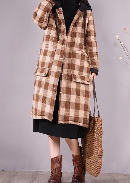 Oversize Outwear Chocolate Plaid Hooded Pockets Outfit