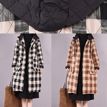 Oversize Outwear Chocolate Plaid Hooded Pockets Outfit