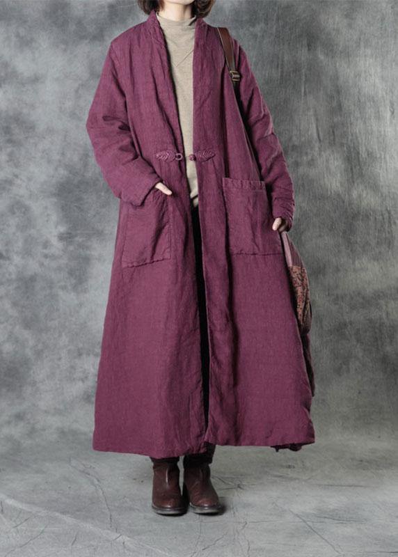 Purple Linen Button Pockets Winter Cotton Parka Long Sleeve
