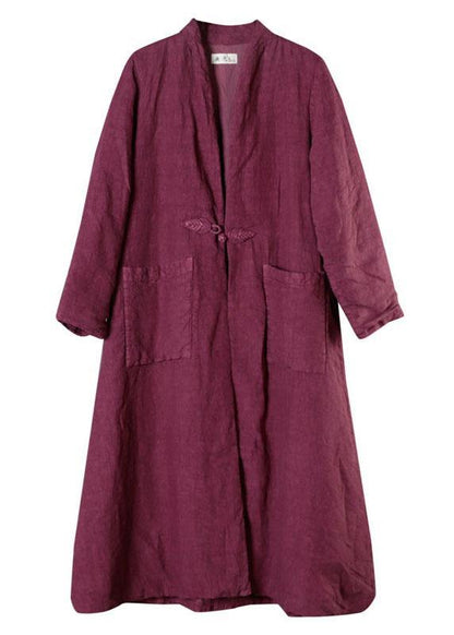 Purple Linen Button Pockets Winter Cotton Parka Long Sleeve