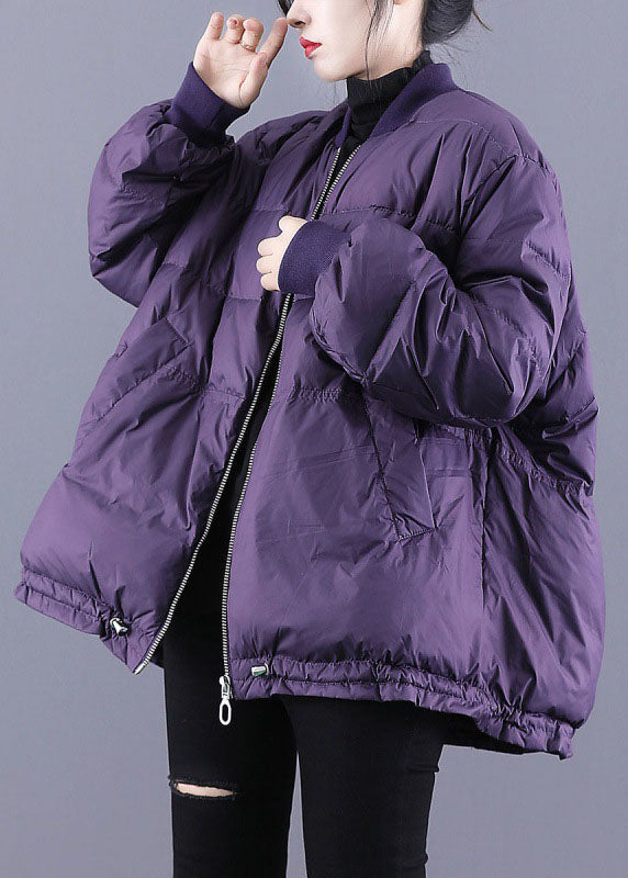 Purple Zippered Pockets Drawstring Winter Down Coats Long Sleeve