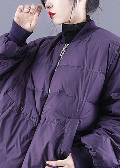 Purple Zippered Pockets Drawstring Winter Down Coats Long Sleeve