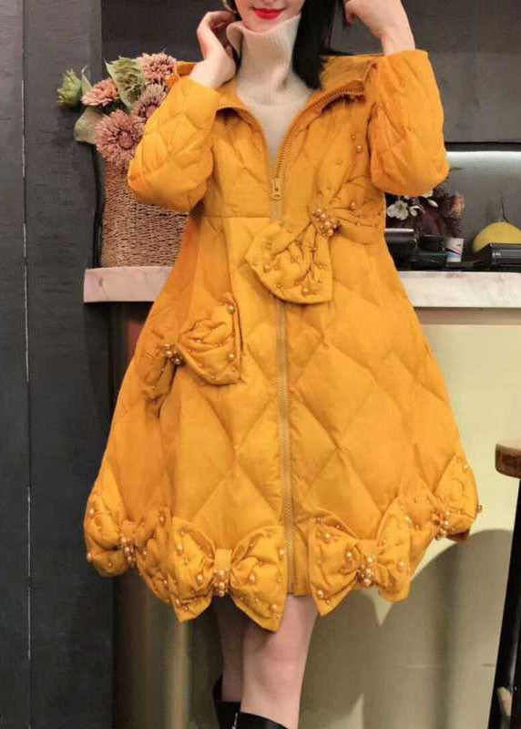 Yellow Bow Nail Bead Winter Cotton Blend Winter Coats
