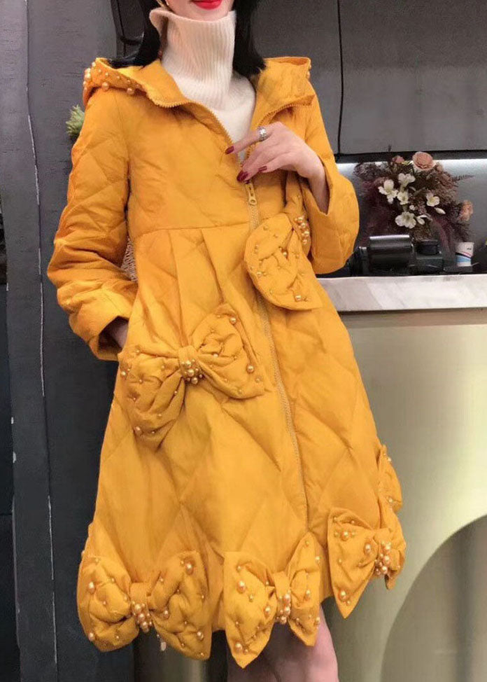 Yellow Bow Nail Bead Winter Cotton Blend Winter Coats