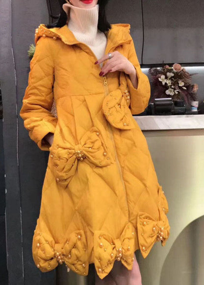 Yellow Bow Nail Bead Winter Cotton Blend Winter Coats