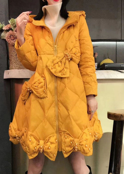 Yellow Bow Nail Bead Winter Cotton Blend Winter Coats