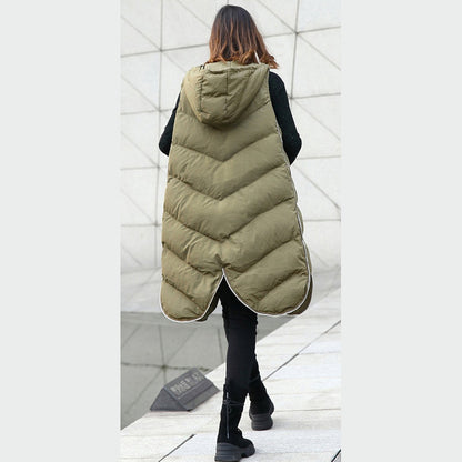 Army Green Parka Hooded Down Over Coat Sleeveless Trench Coat