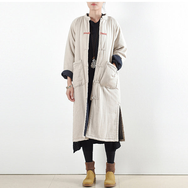 Beige White Coat Loose Fitting Cotton Coat Side Open Trench Coat Chinese Button