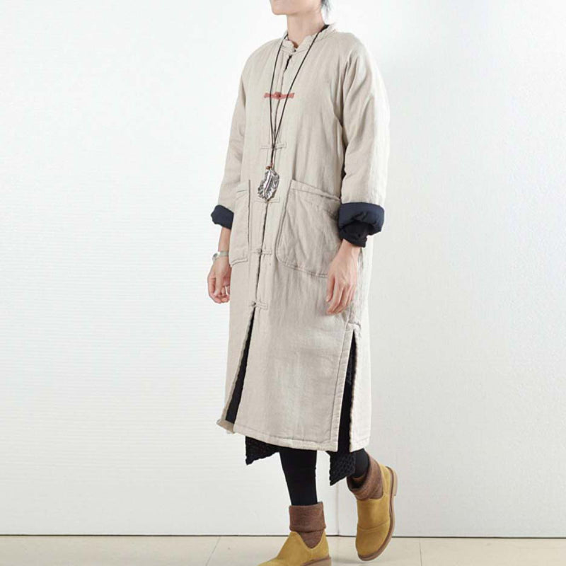 Beige White Coat Loose Fitting Cotton Coat Side Open Trench Coat Chinese Button