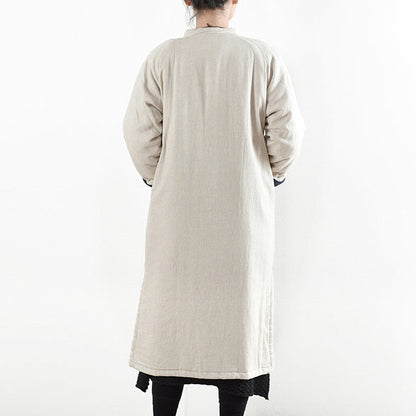 Beige White Coat Loose Fitting Cotton Coat Side Open Trench Coat Chinese Button