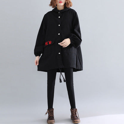 Black Parkas for Hooded Warm Winter Coat Embroidery Winter Coats