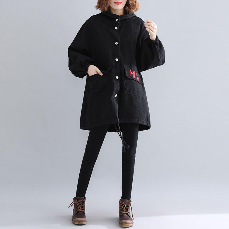 Black Parkas for Hooded Warm Winter Coat Embroidery Winter Coats