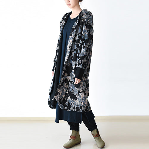 Black Blue Prints Jackets & Coats Oversize Zippered Trench Coat Hooded Jackets & Coats