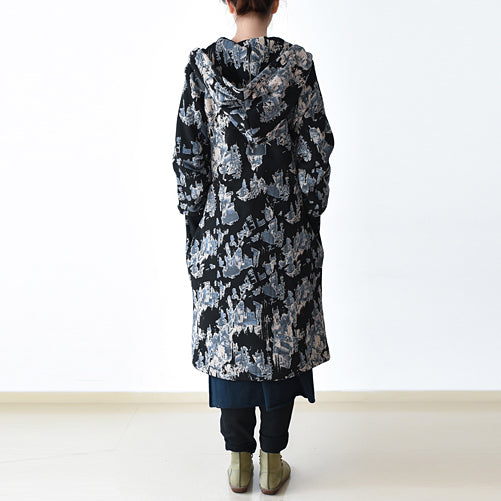 Black Blue Prints Jackets & Coats Oversize Zippered Trench Coat Hooded Jackets & Coats