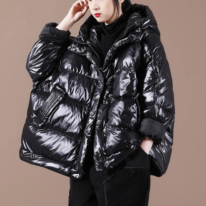 Black Down Coat Winter Loose-fitting Down Jacket Hooded Zippered Warm Coats