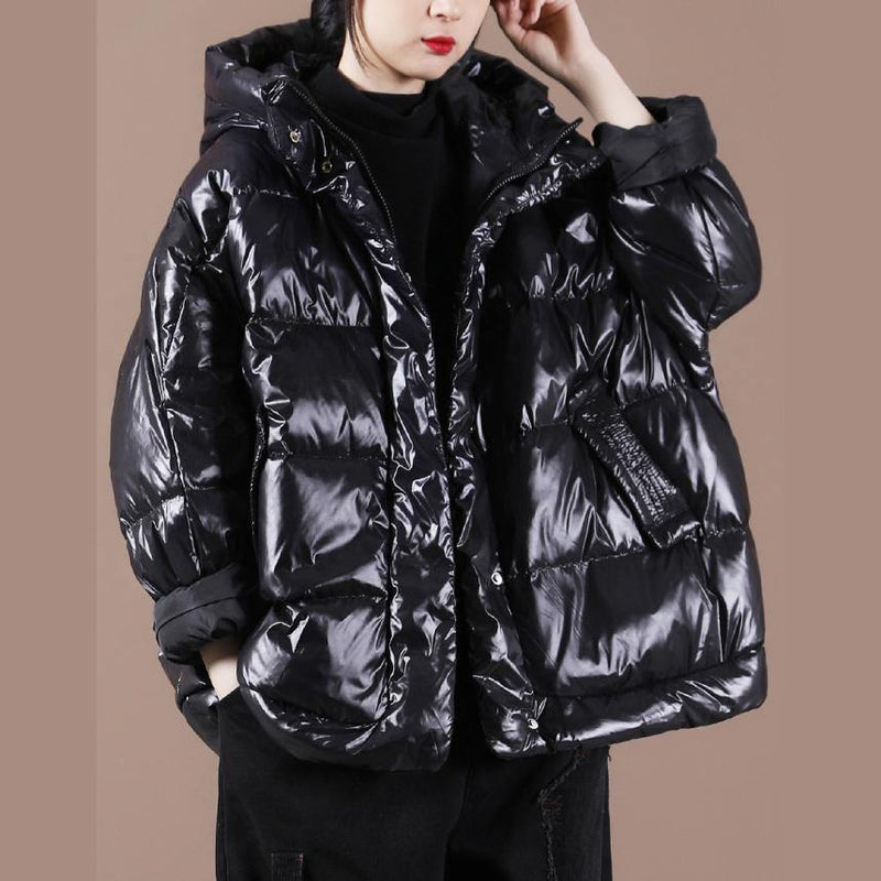 Black Down Coat Winter Loose-fitting Down Jacket Hooded Zippered Warm Coats