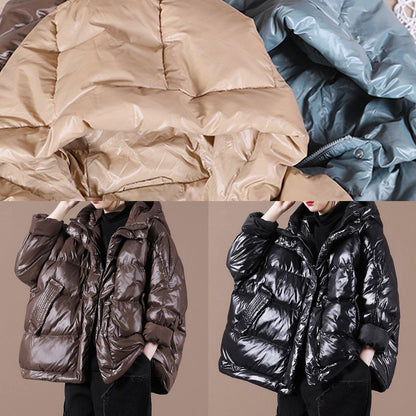 Black Down Coat Winter Loose-fitting Down Jacket Hooded Zippered Warm Coats